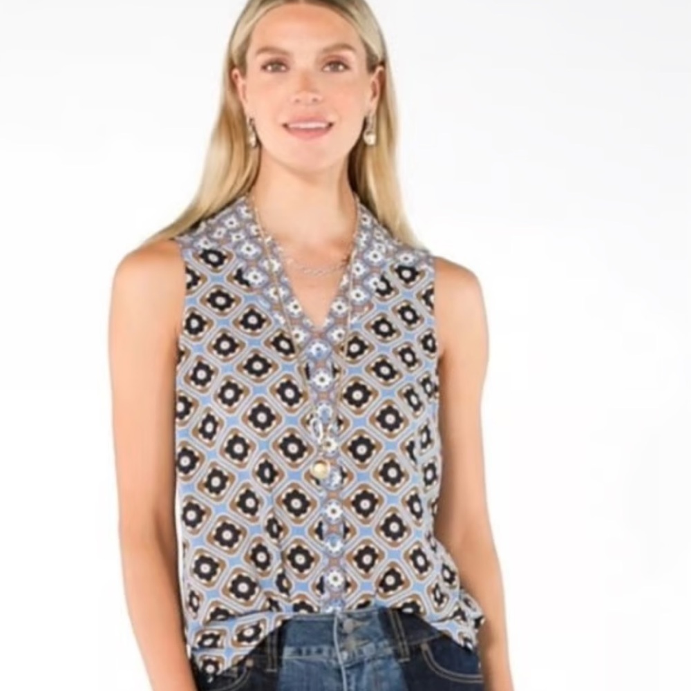 CAbi Sleeveless Geometric Top - Blue and Brown